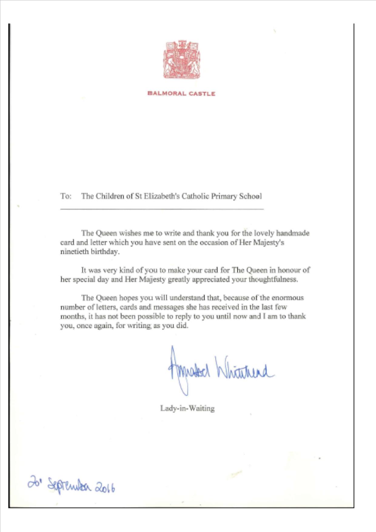 2Wh Receive A Letter From The Queen St Elizabeth s Primary School